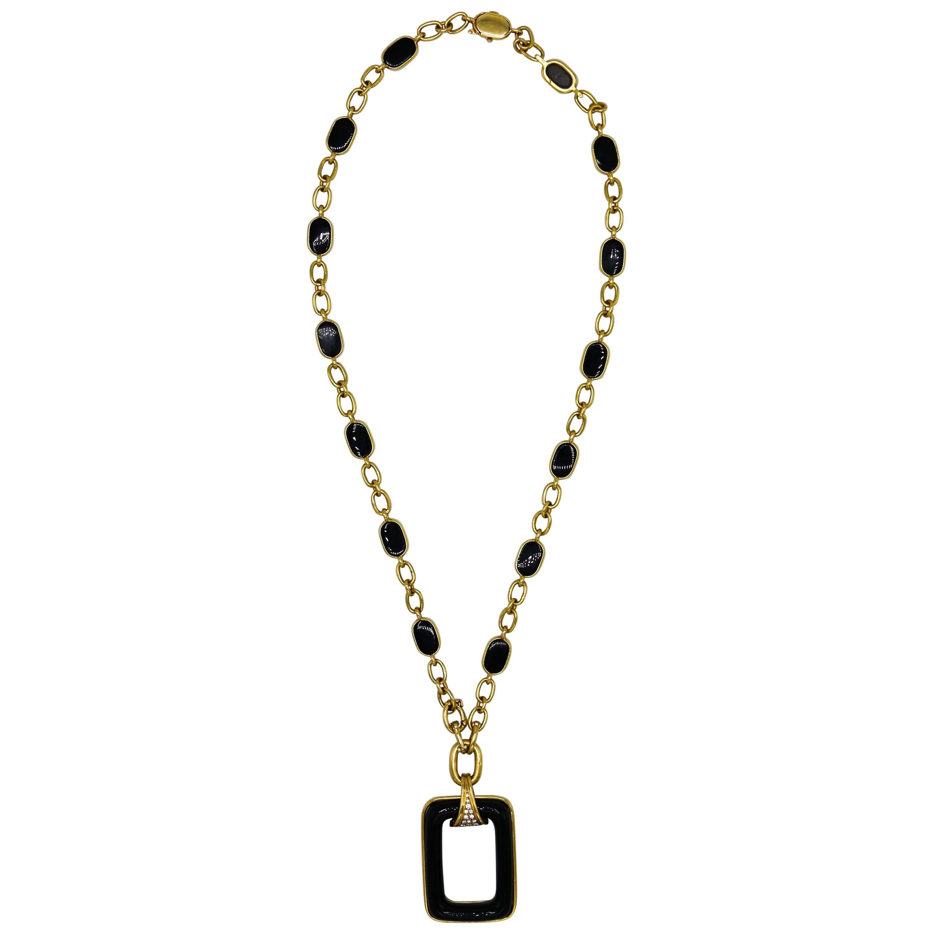 1970s Boucheron Onyx, Diamond and Gold Pendant Necklace