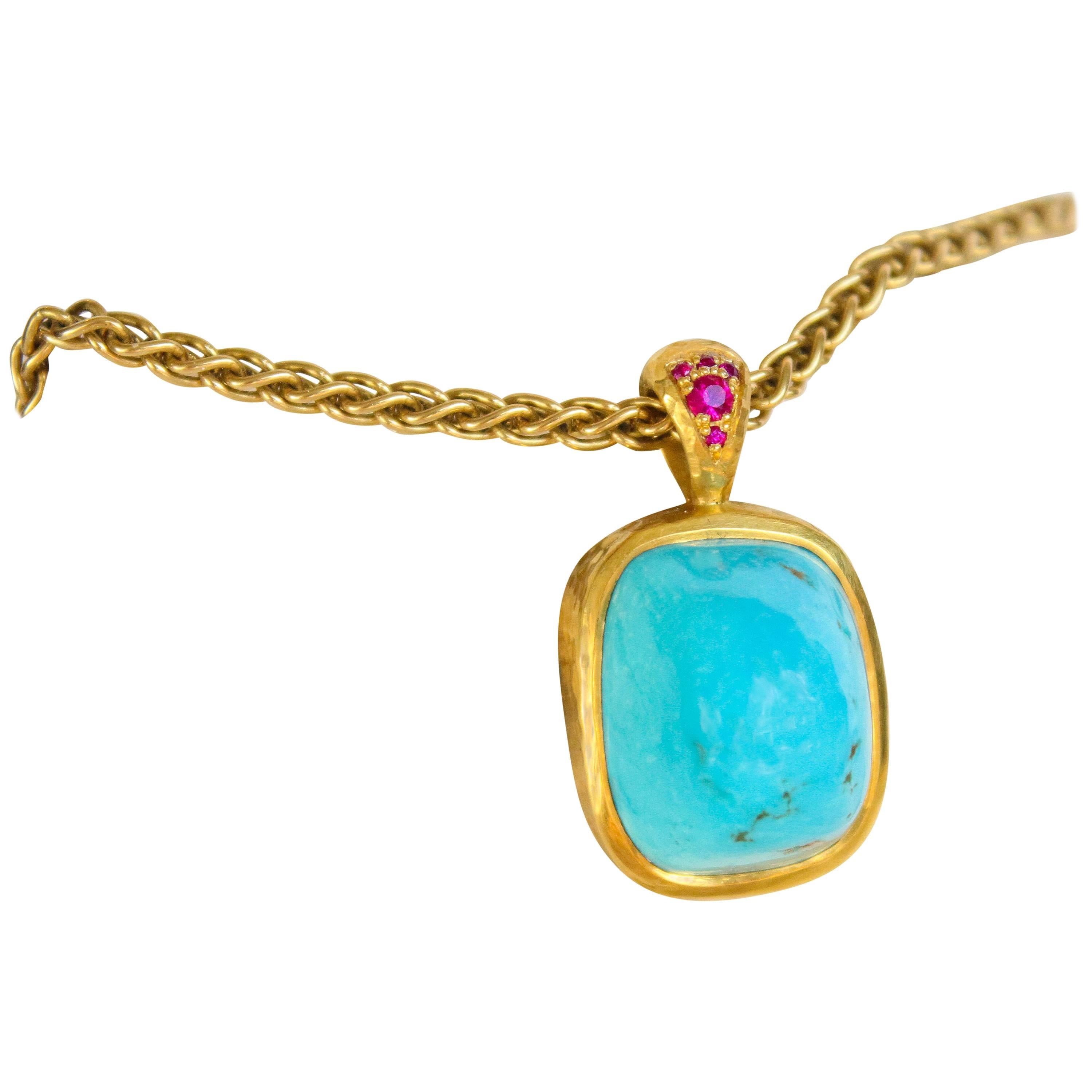 Hand Fabricated Solid Turquoise and 22 Karat Gold and Ruby Pendant