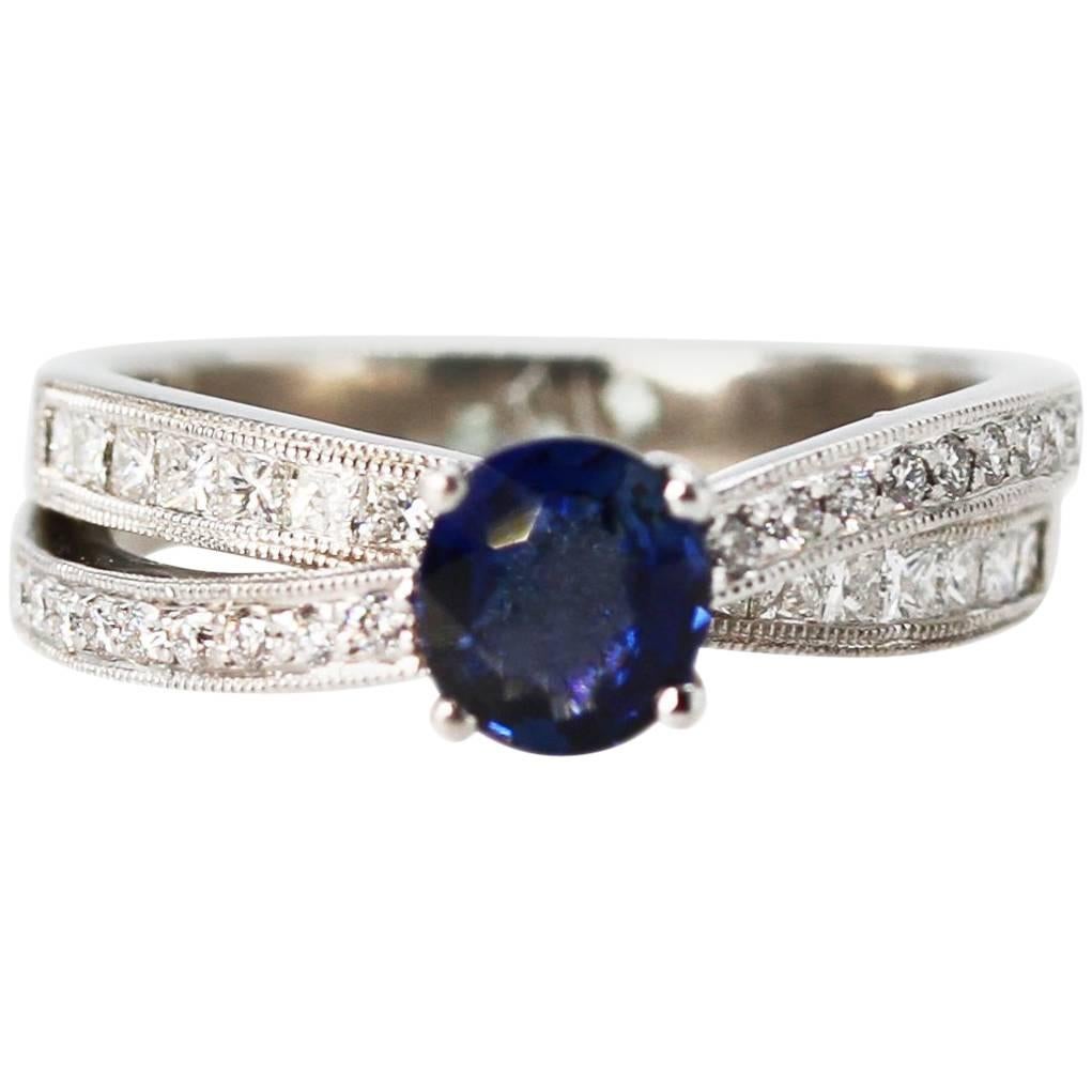 0.85 Carat Sapphire and Diamond Ring For Sale