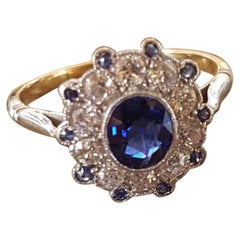 Antique 18 Carat Gold Art Deco Sapphire Diamond Cluster Engagement Ring