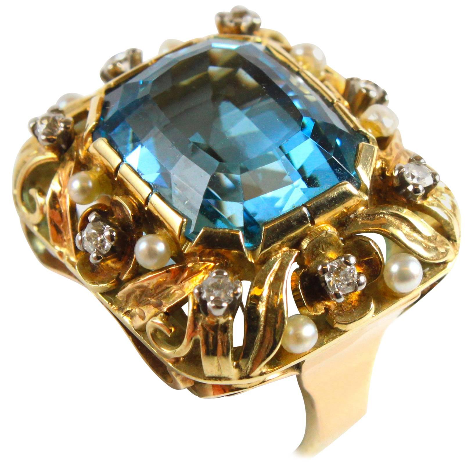 Yellow Gold Aquamarine Pearl and Diamond Retro Ring For Sale