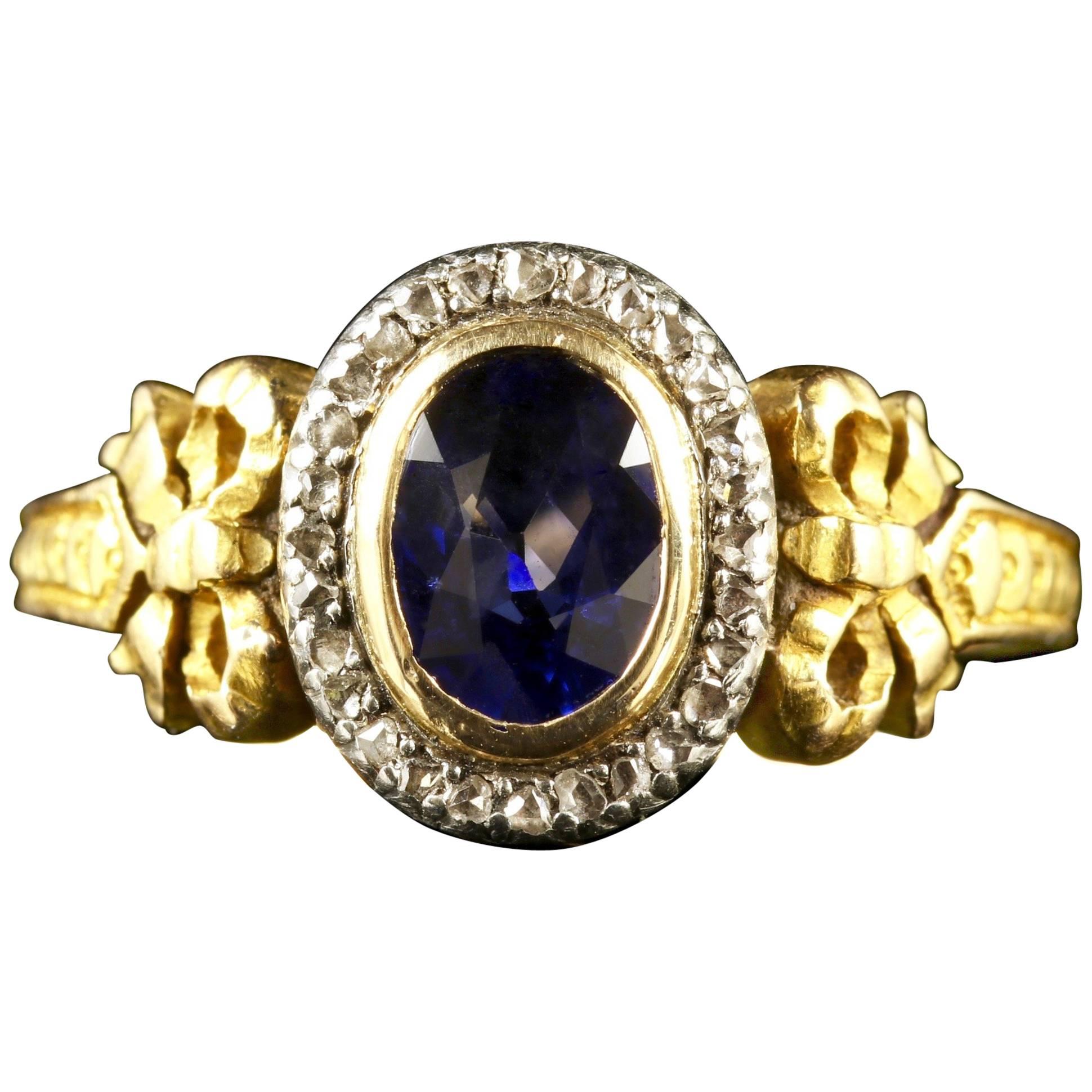 French Victorian Sapphire Diamond 18 Carat Ring, circa 1900