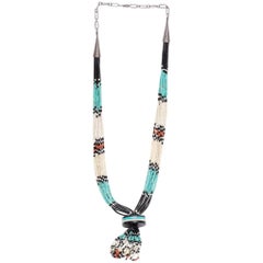 Navajo Beaded Necklace with Turquoise, Onyx and Coral