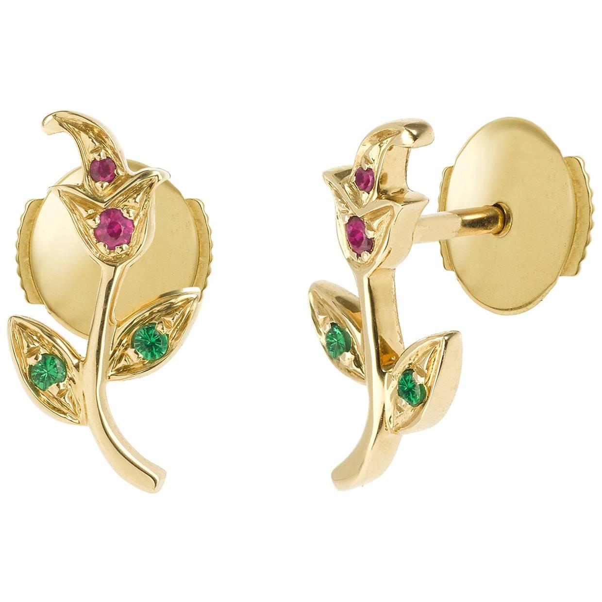 Yvonne Leon's Rose Earring in Yellow Gold 18 Carat with Ruby and Tsavorites