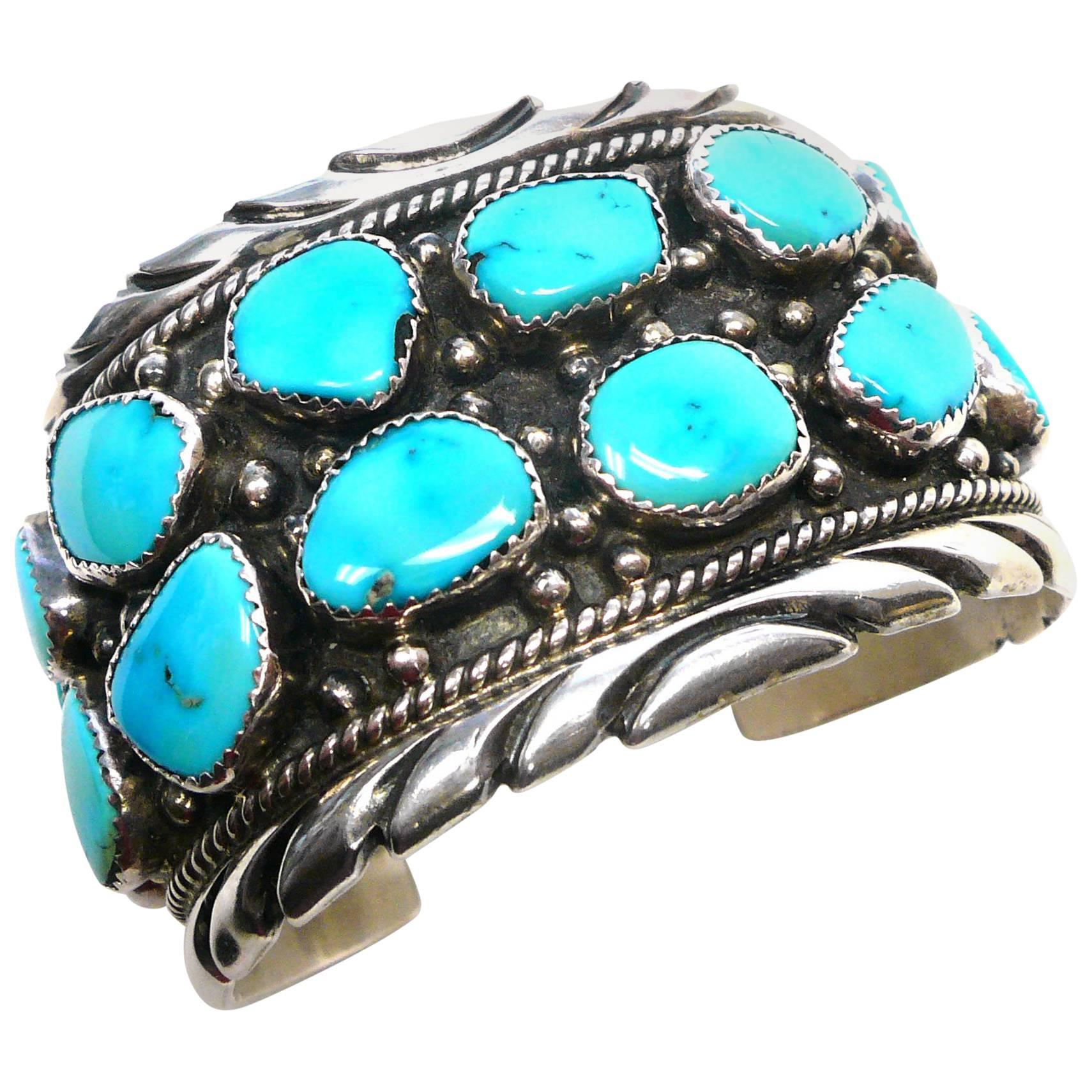 Handsome Native American Turquoise Sterling Cuff Bracelet