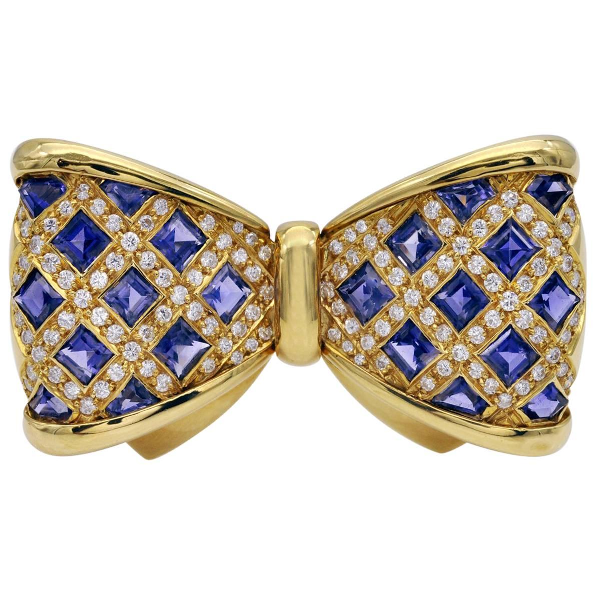 Diamond and Iolite Gold Bowtie Brooch For Sale