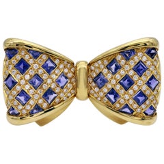 Vintage Diamond and Iolite Gold Bowtie Brooch