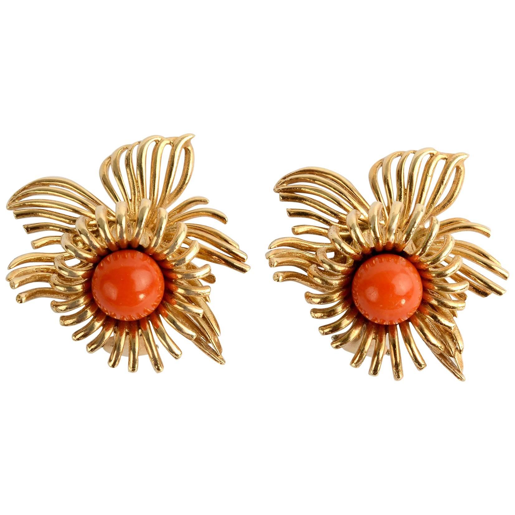Coral Flower Gold Earrings