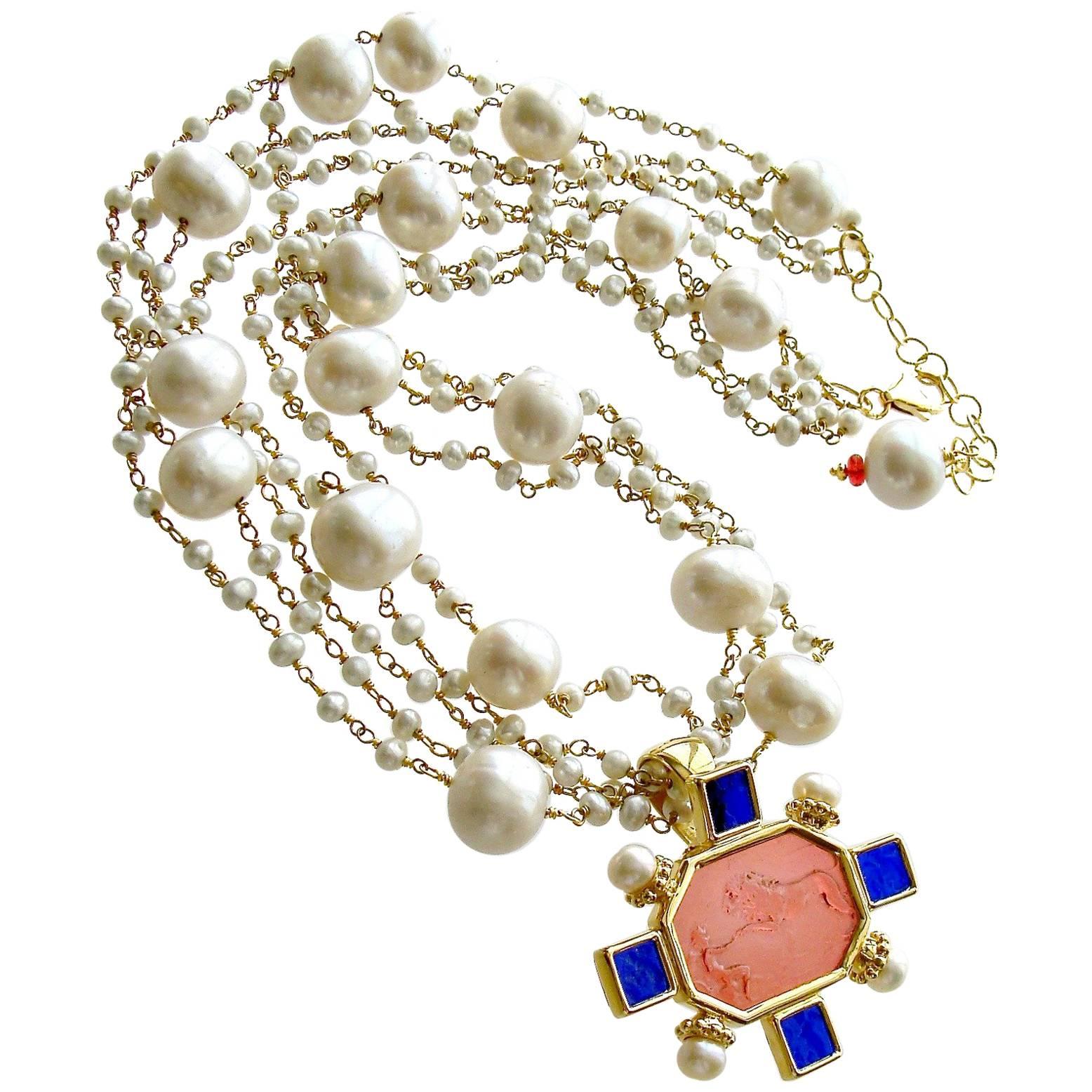 Freshwater Pearls Salmon Pink Cobalt Blue Venetian Glass Intaglio Cameo Necklace