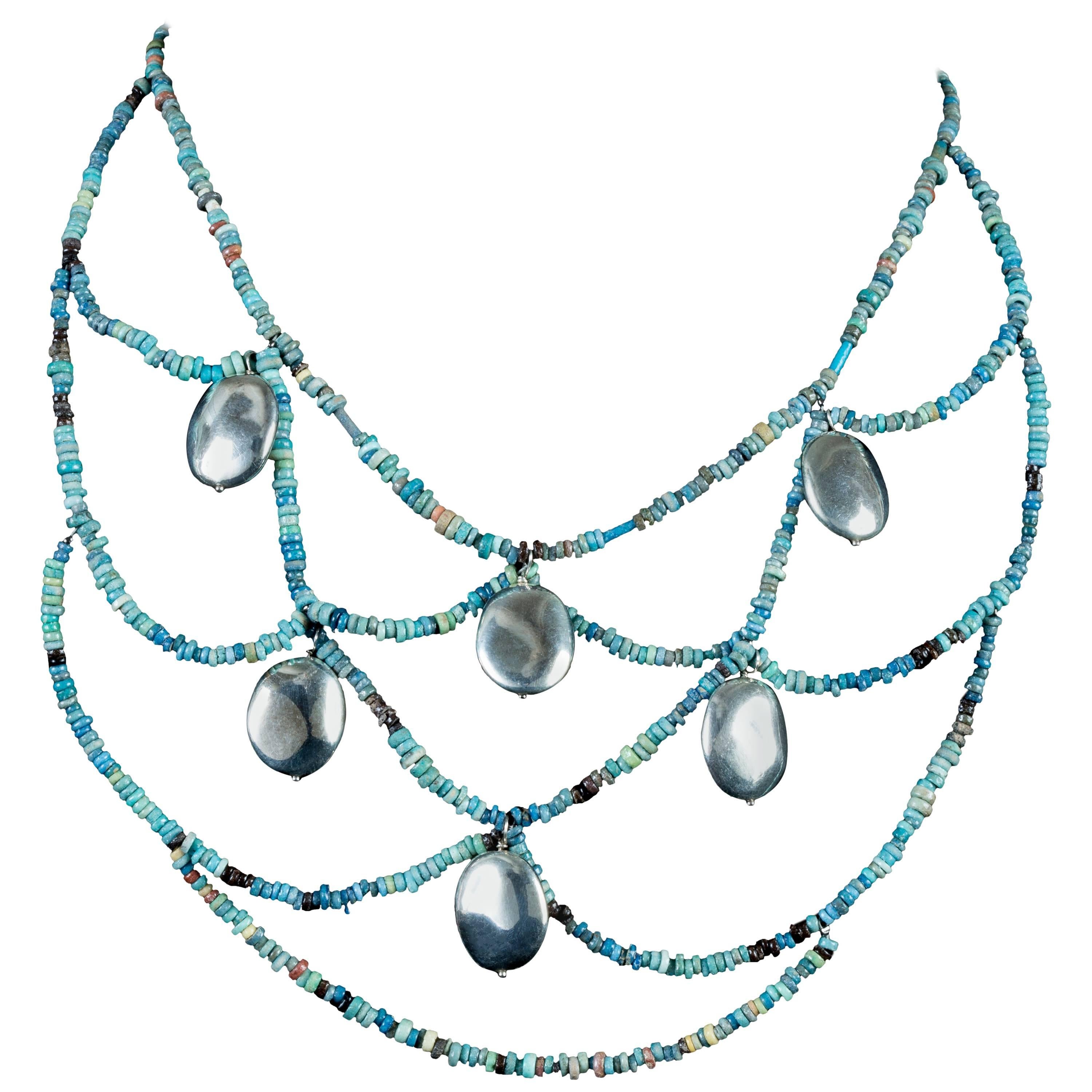Egyptian Beads Webbed Necklace and Earrings For Sale