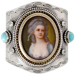 Jill Garber Antique French Portrait with Turquoise Sterling Cuff Bracelet