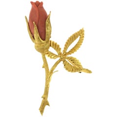 Cartier Carved Natural Red Coral Flower Brooch