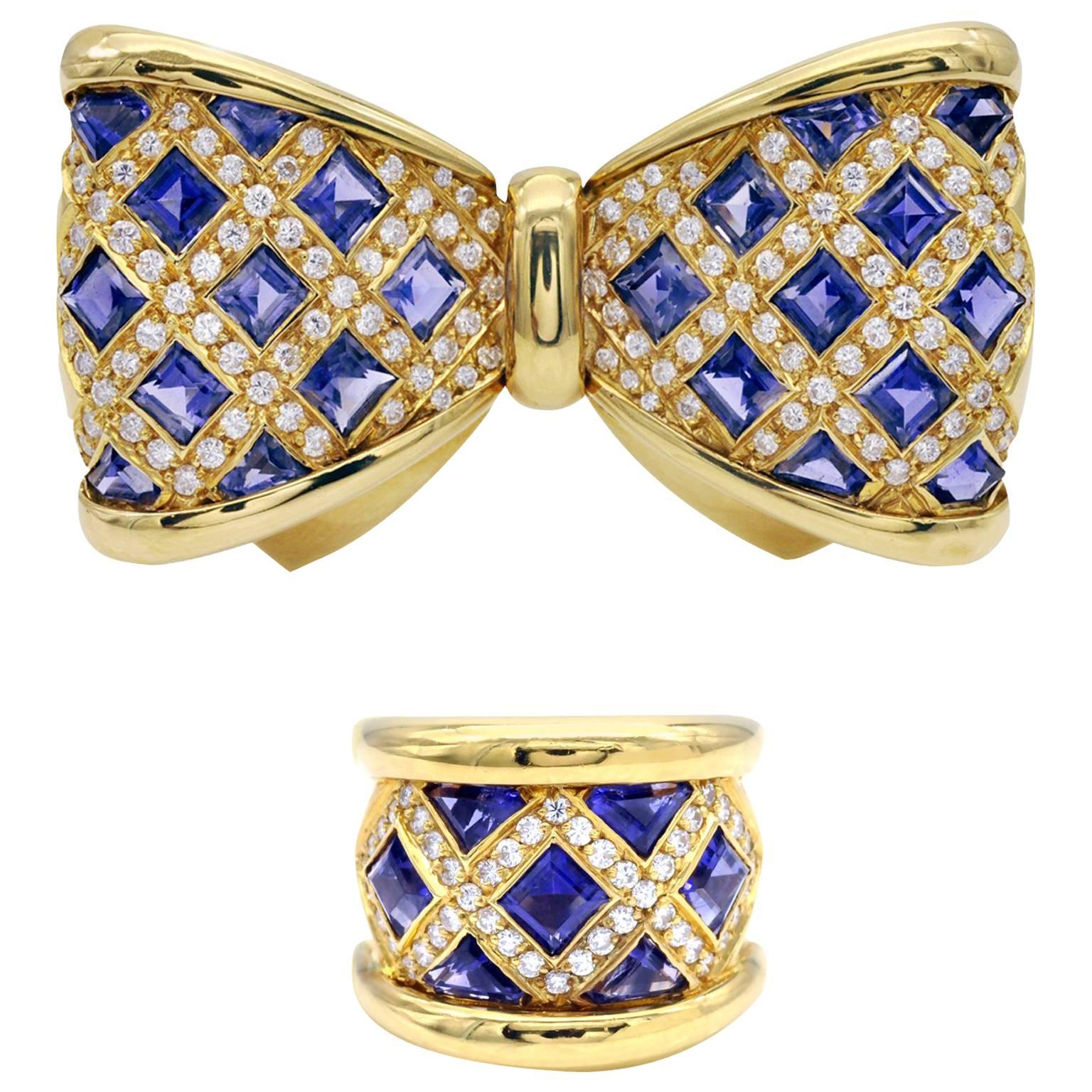 Diamond and Iolite Gold Bowtie Brooch and Ring Set