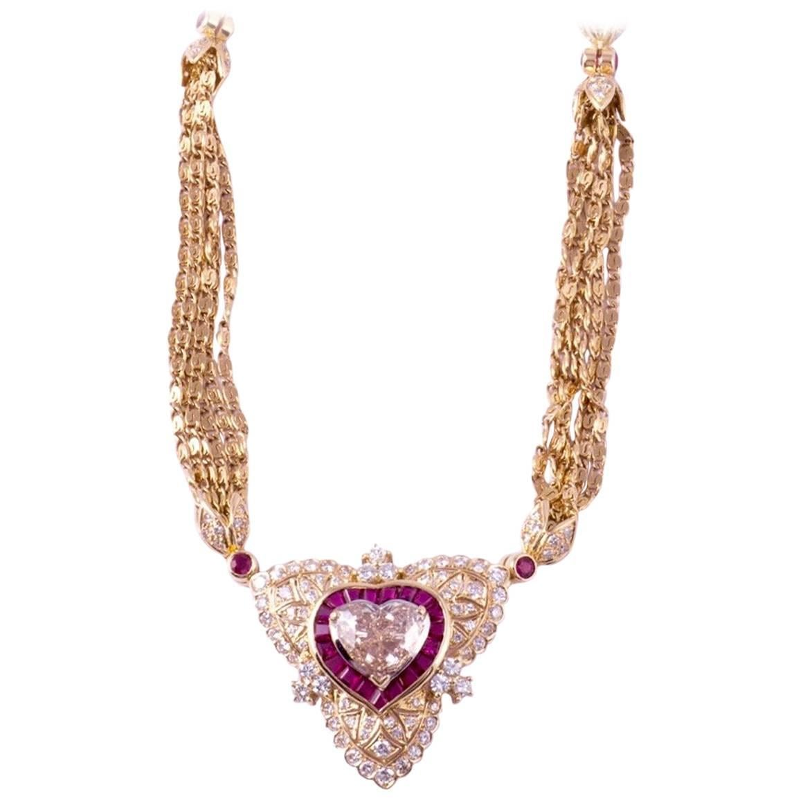 Regal Diamond Heart Necklace with Ruby and Diamonds in 18 Karat Gold