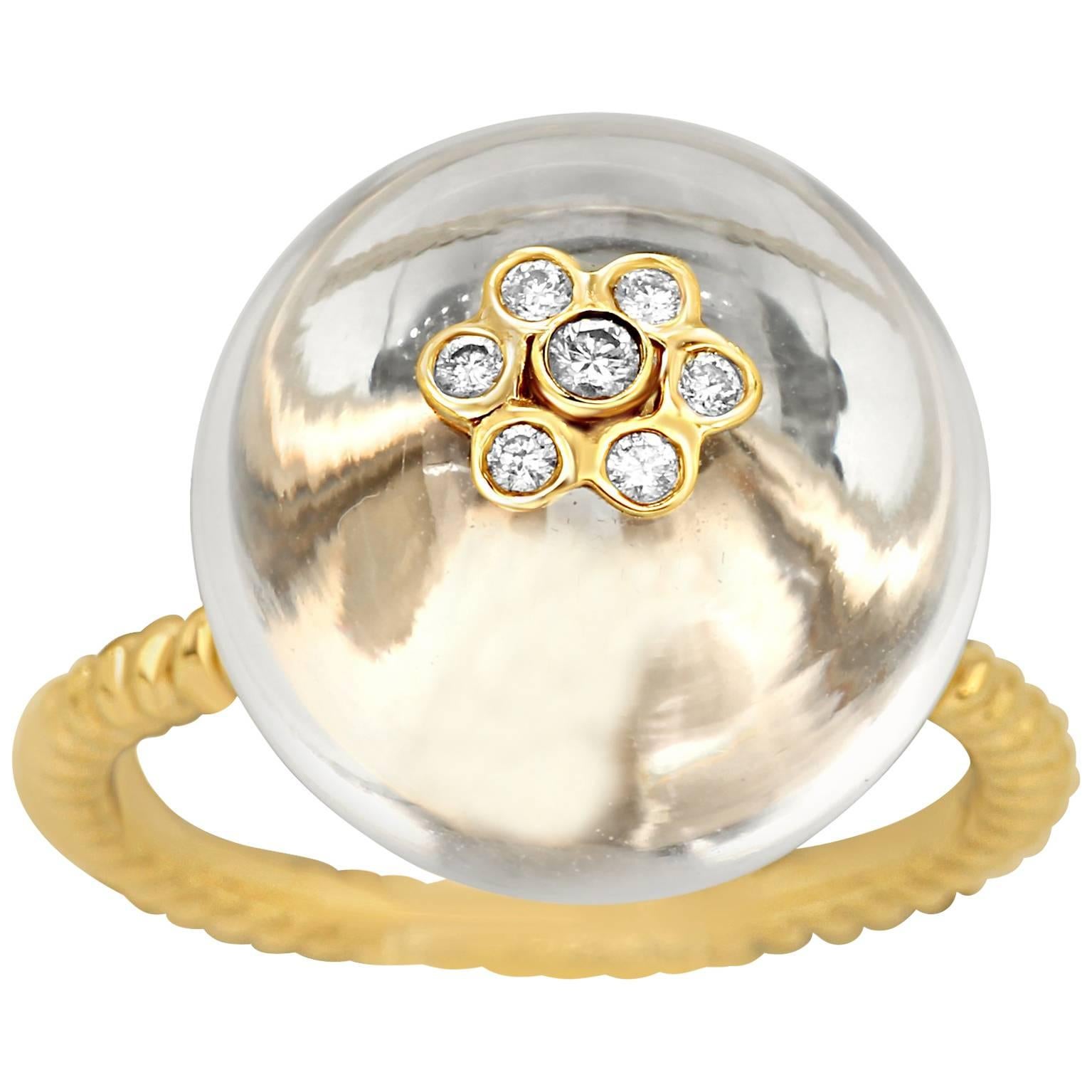 Rock Crystal Diamond Gold Globe Ring