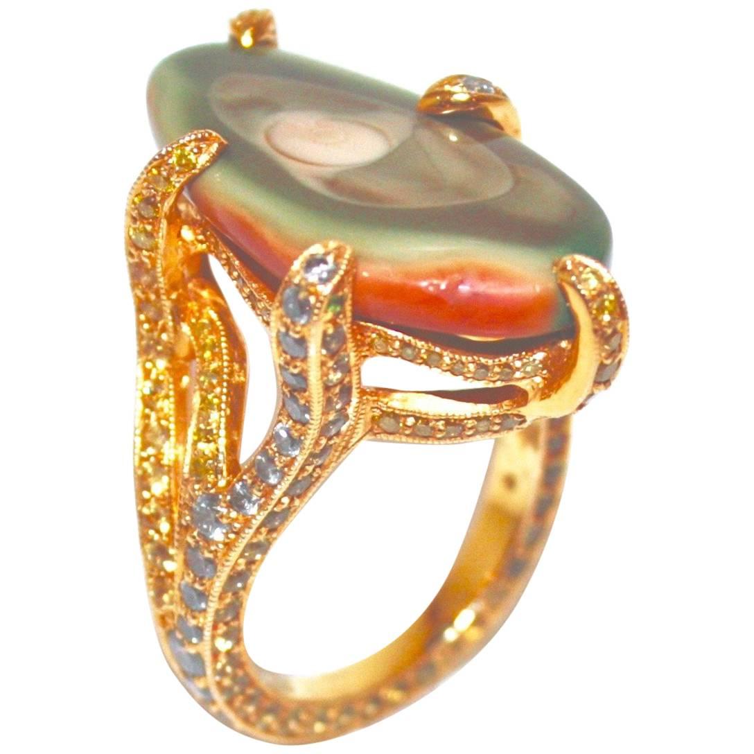 18 Karat Yellow Gold Imperial Jasper, Multicolored Gemstones and Diamond Ring For Sale