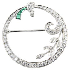 Art Deco Emerald and Diamond Platinum Floral Circle Brooch