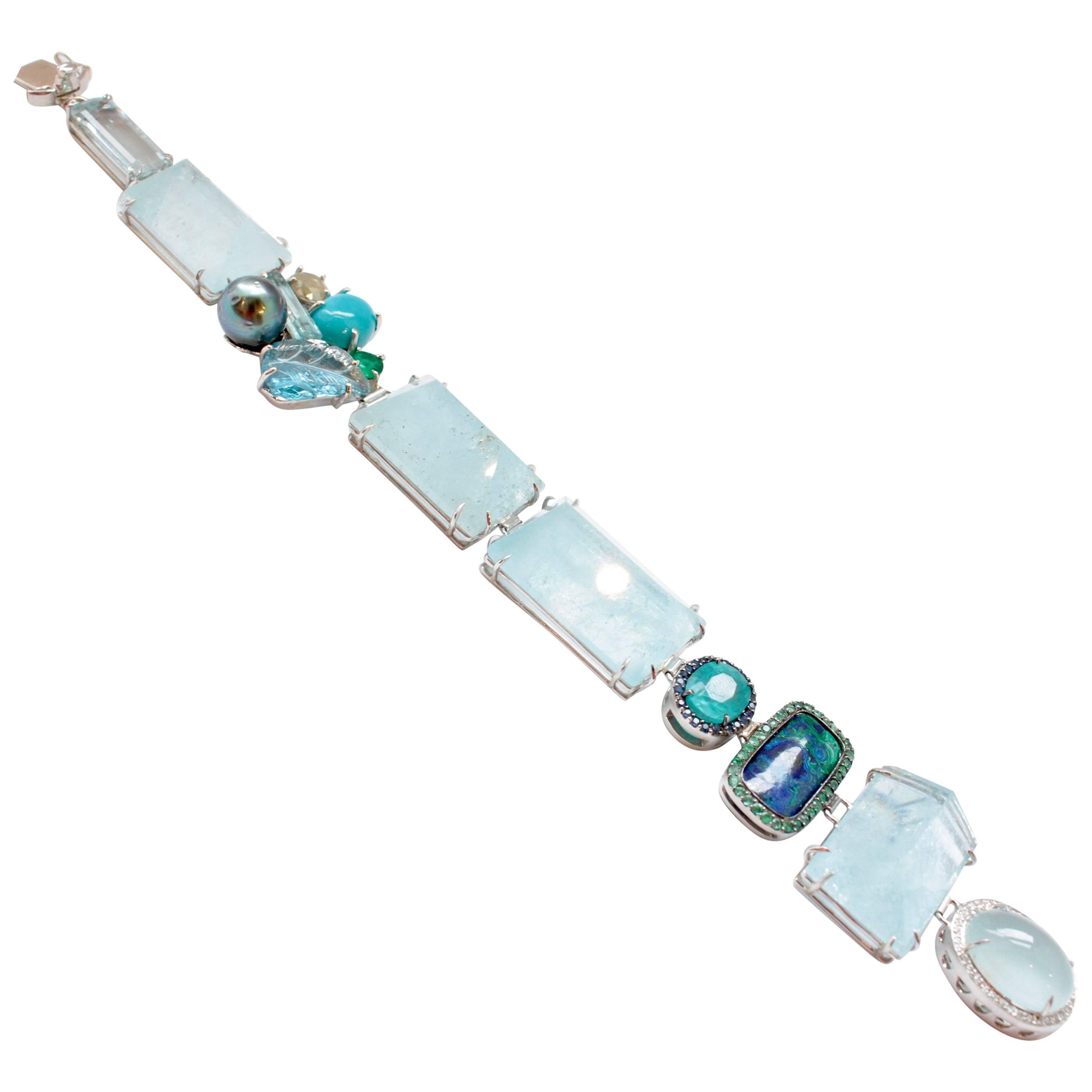 Sharon Khazzam Platinum & 18 Karat White Gold Aquamarine Trinket Bracelet For Sale