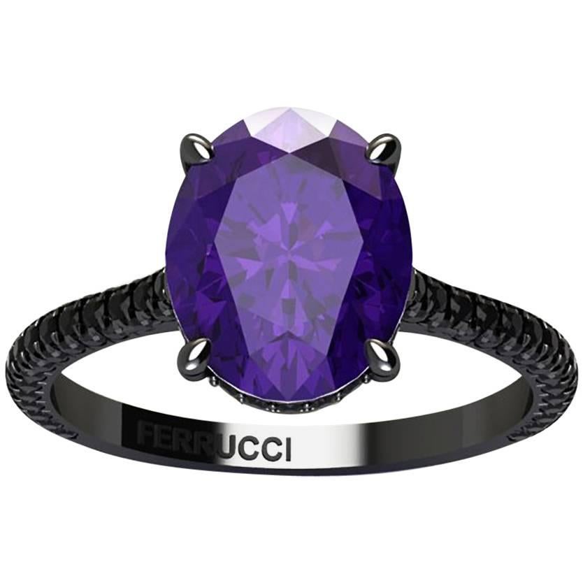 Ferrucci Natural Purple Oval Amethyst and Black Diamonds 18 Karat Rose Gold Ring