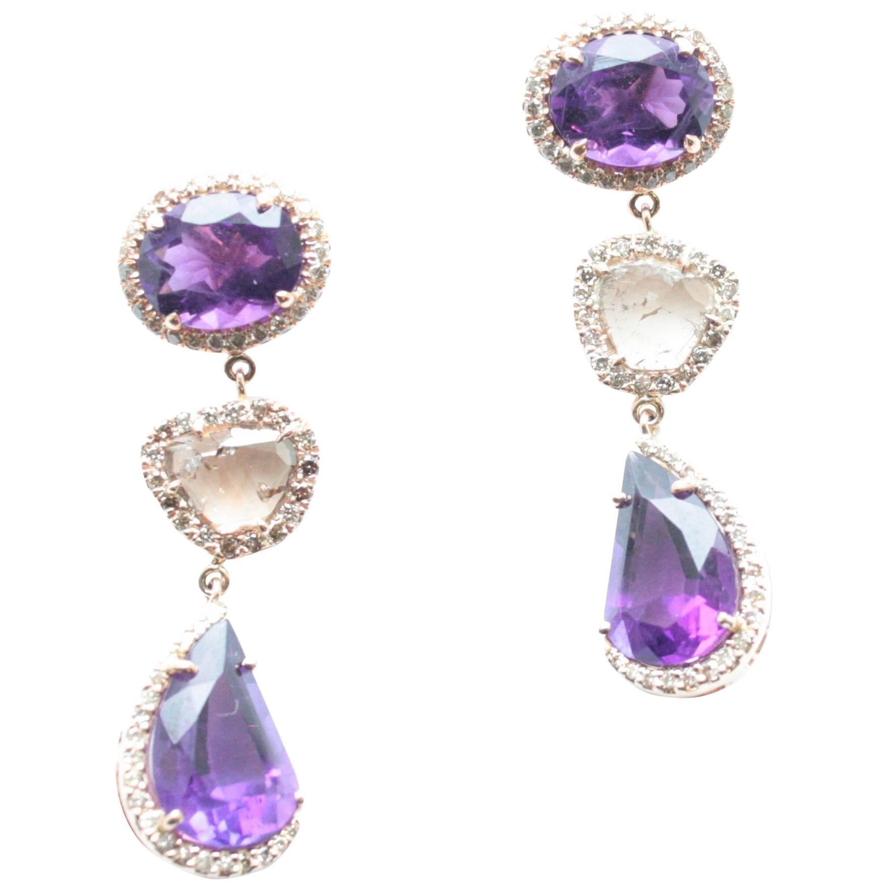 Amethyst and Diamond Slice Banna Eardrops For Sale