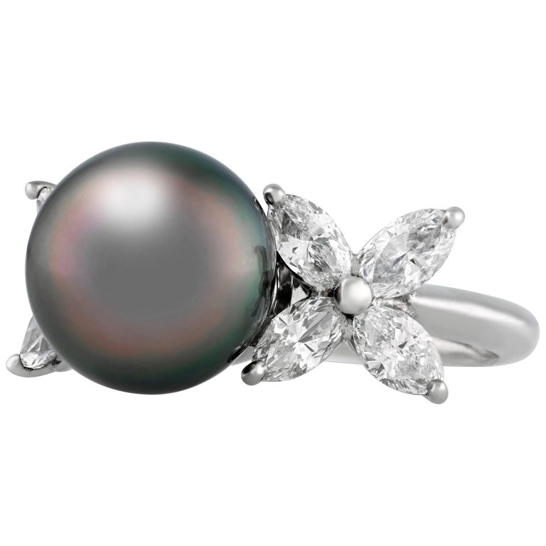 Tiffany and Co. Victoria Large Tahitian Pearl Diamond Platinum Ring at ...