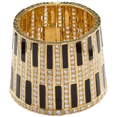 Egyptian Revival Gold Onyx Wide Bangle Cuff 32 Carats Diamonds
