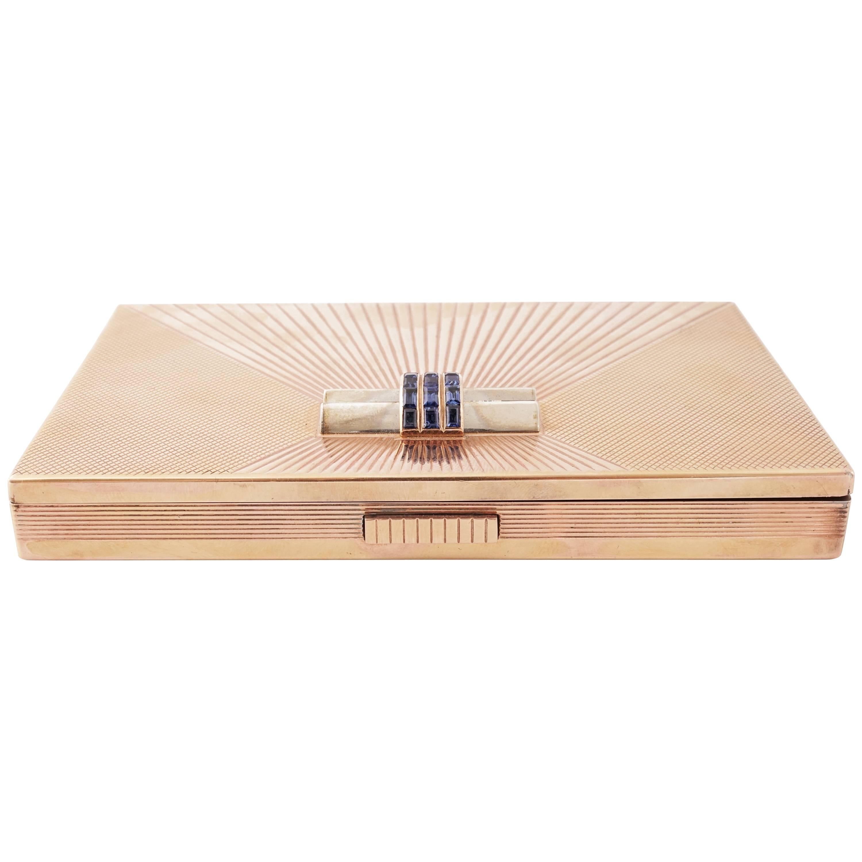 Andre Schwob, Retro Gilded Metal and Sapphires Minaudiere, Boucheron Model, 1935