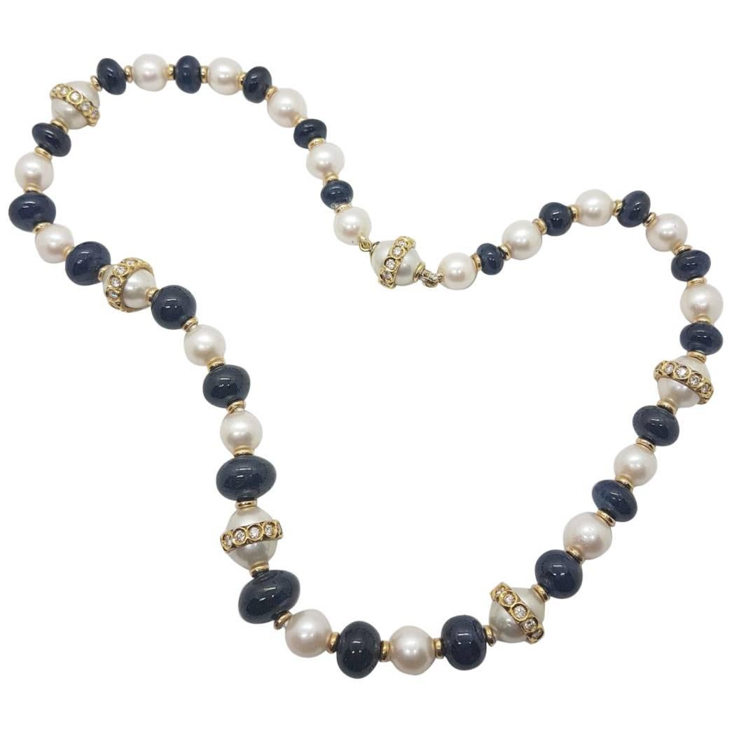 Pearl and Sapphire Necklace Set in Yellow Gold and Diamonds For Sale