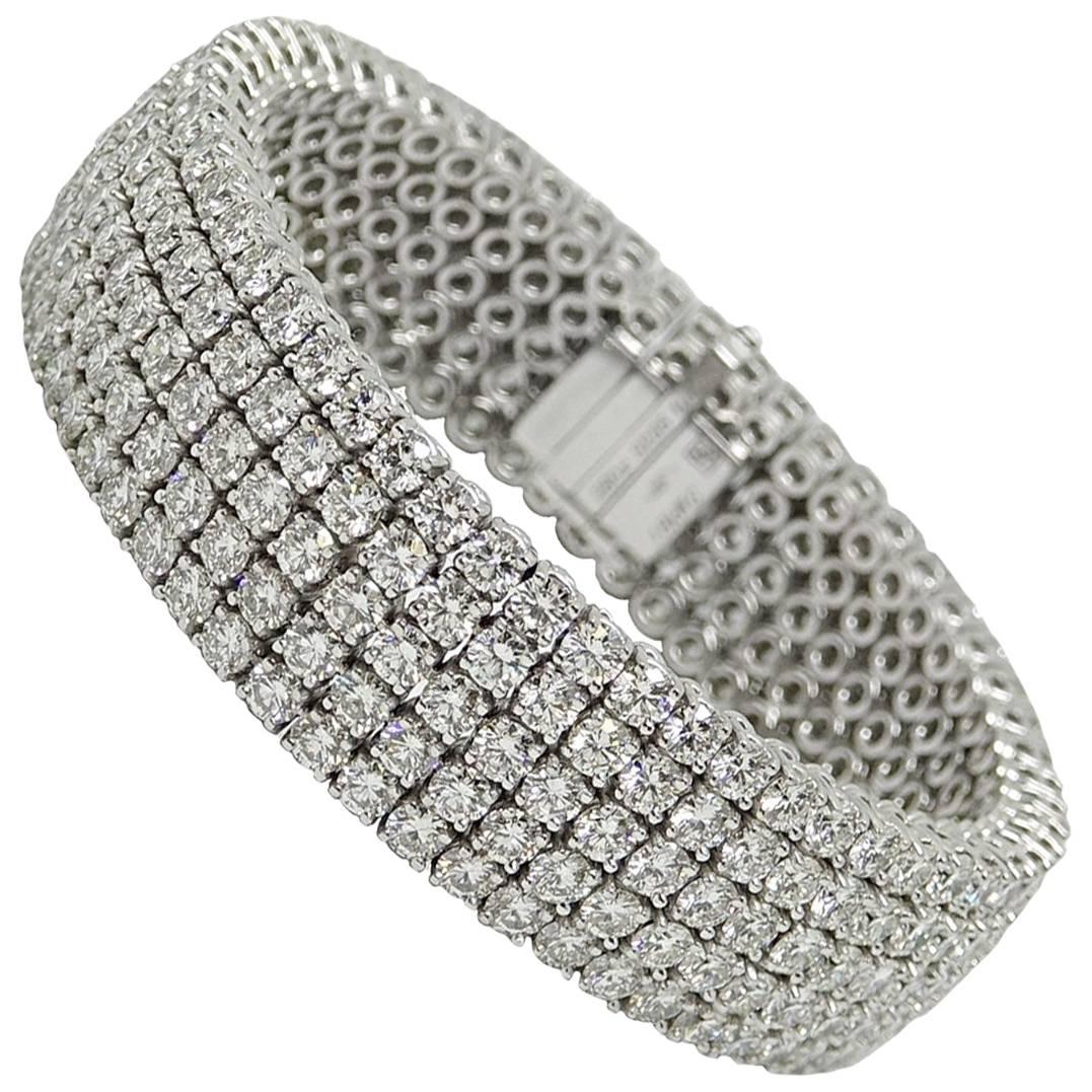 32.55 Carat Five-Row Diamond White Gold Bracelet For Sale