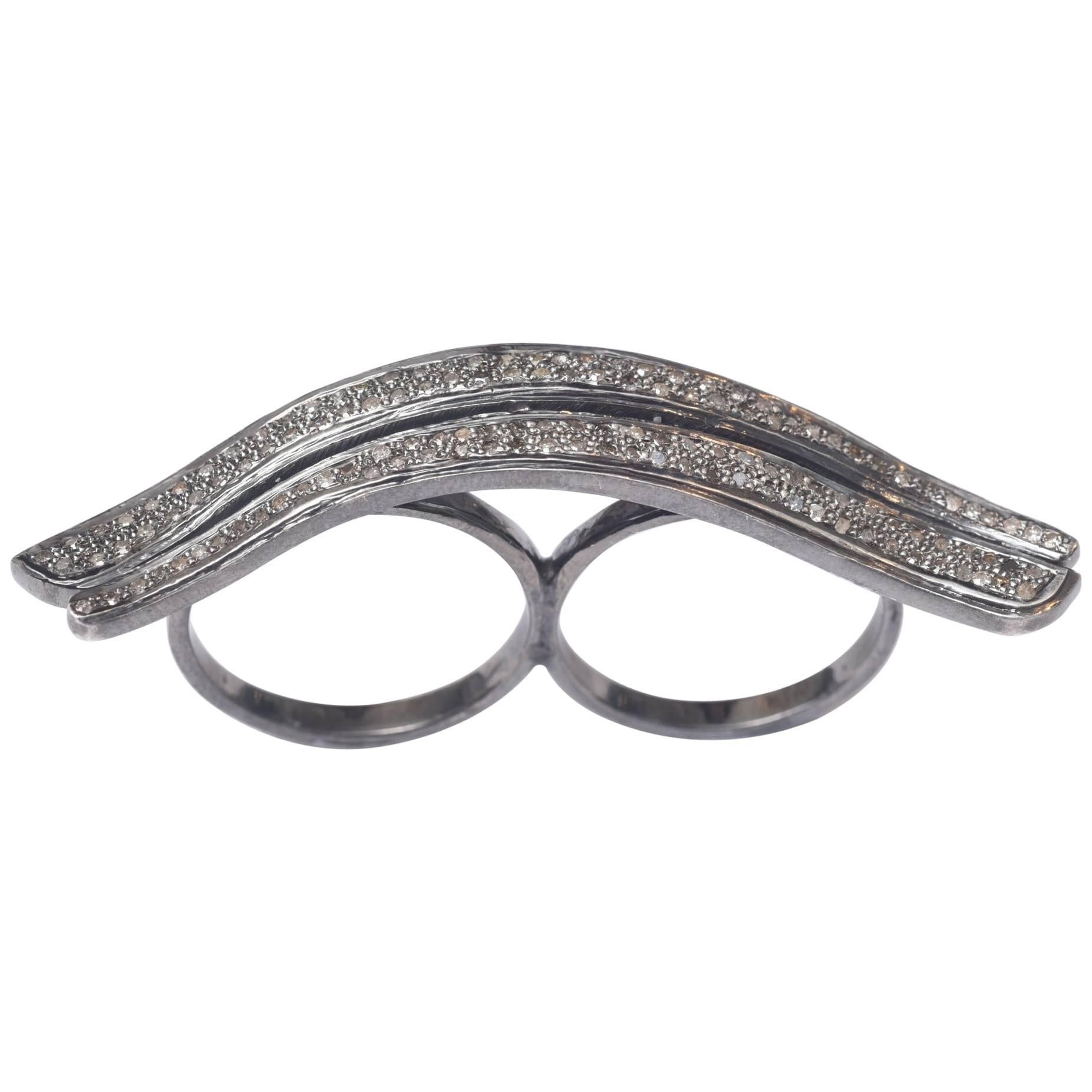 Double Finger Cocktail Ring of Pave Set Diamonds For Sale