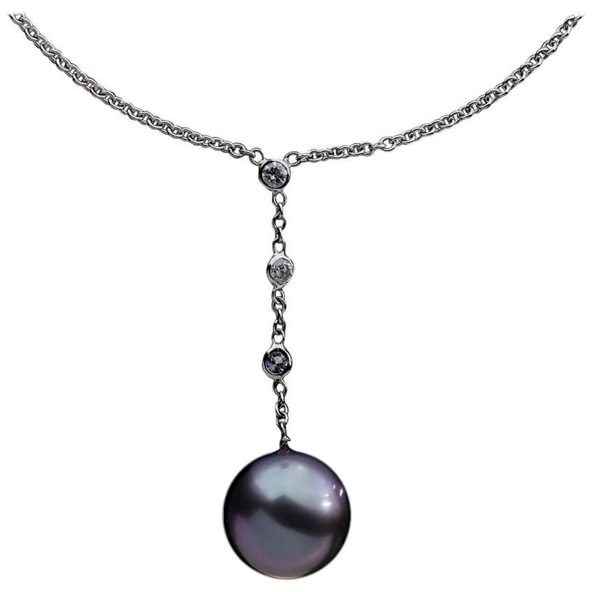 White Gold Tahitian Pearl and Diamond Pendant Necklace