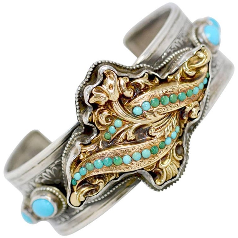 Jill Garber Antique Georgian Gold with Persian Turquoise Modern Cuff  Bracelet For Sale at 1stDibs