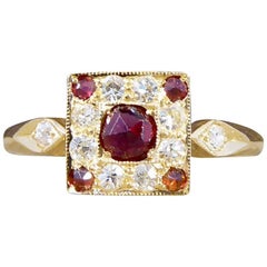 Garnet and Diamond Square 18 Carat Gold Ring