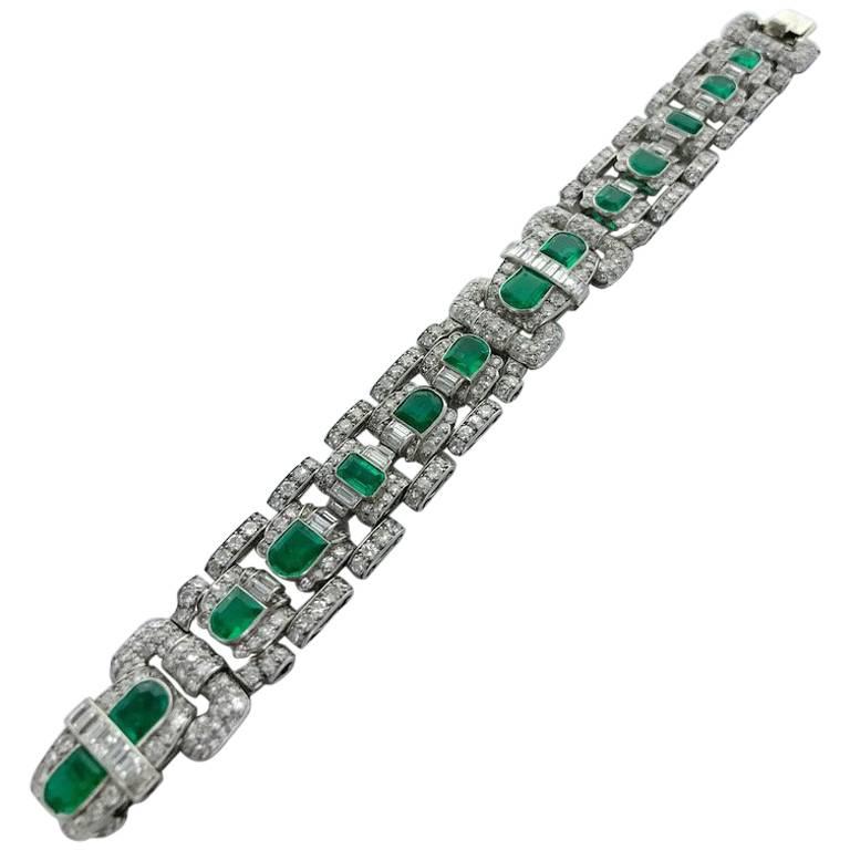 1930s Art Deco Emerald Diamond Platinum Bracelet