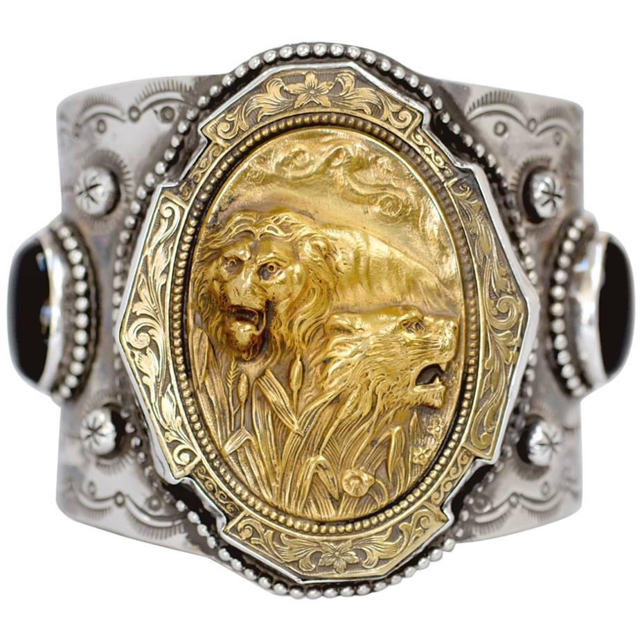Jill Garber Art Nouveau Lion with Lioness and Black Onyx Sterling Cuff Bracelet