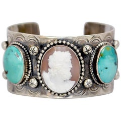 Jill Garber Fine Antique Cameo of Zeus with Kingman Turquoise Sterling Cuff