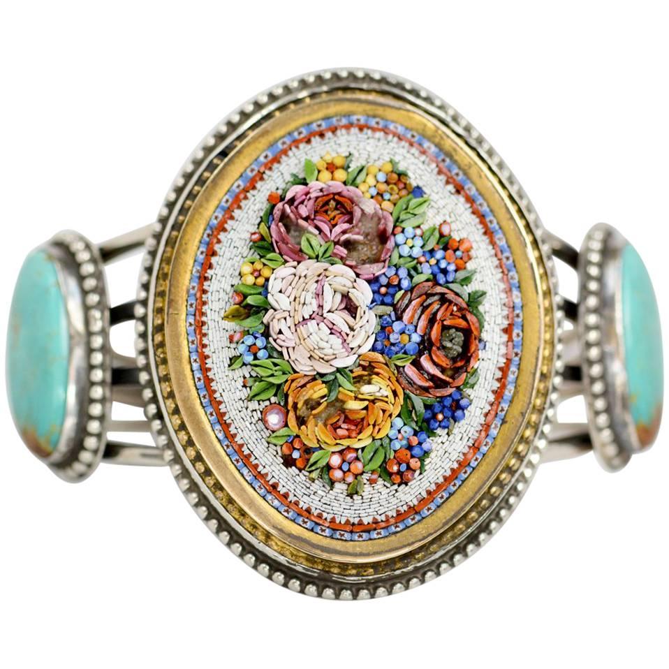 Jill Garber Antique Venetian Floral Micro Mosaic and Turquoise Cuff Bracelet