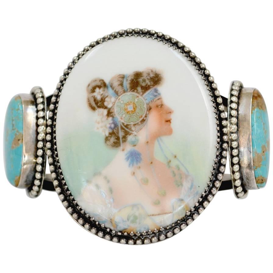 Jill Garber Antique Art Nouveau Mucha Goddess Portrait Turquoise Cuff Bracelet For Sale