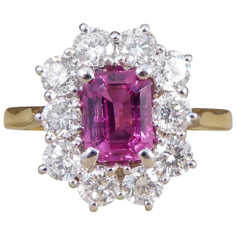 Pink Sapphire and Diamond Cluster Ring in 18 Carat Gold at 1stDibs