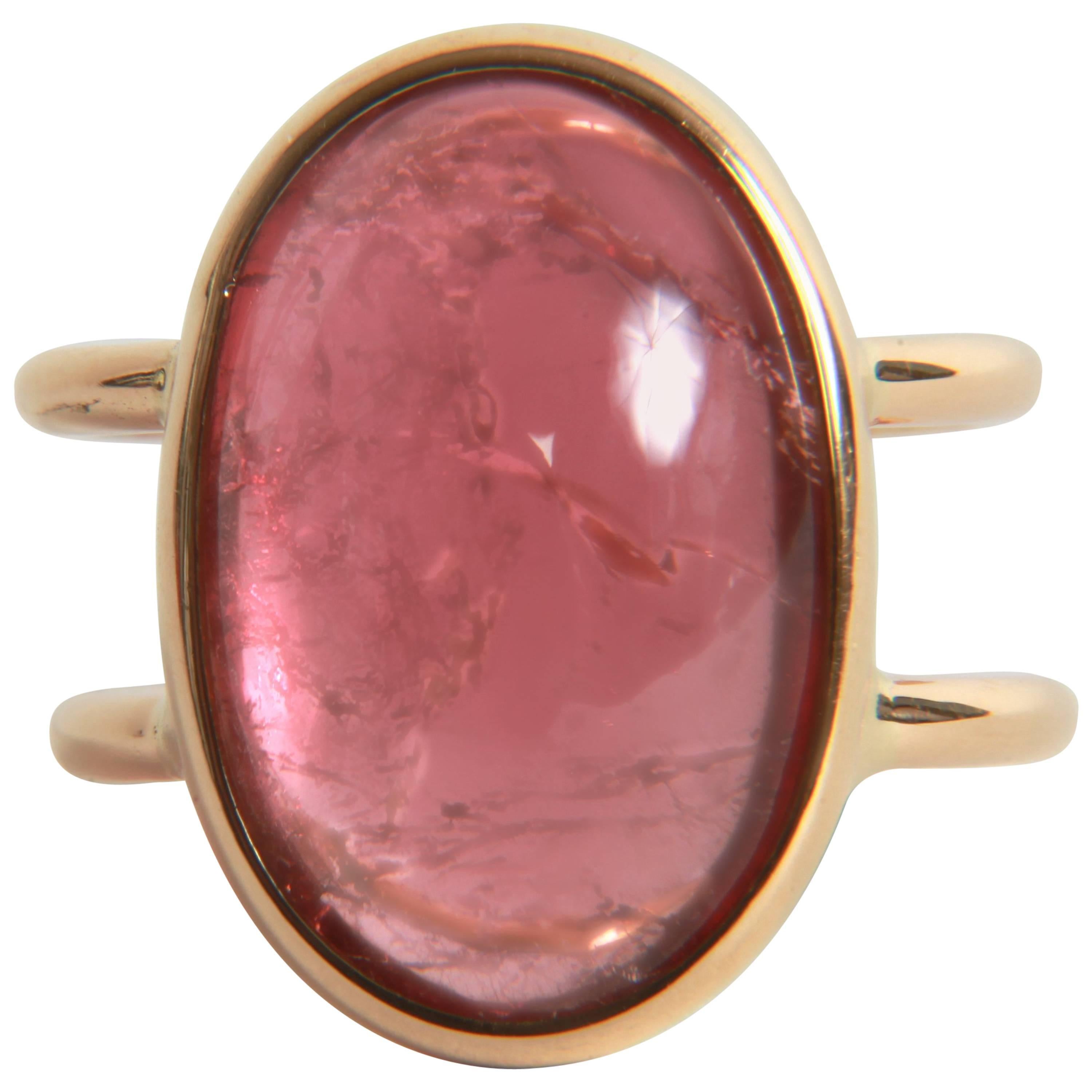 18K Yellow Gold Ring Set with a Pink Tourmaline Cabochon by Marion Jeantet