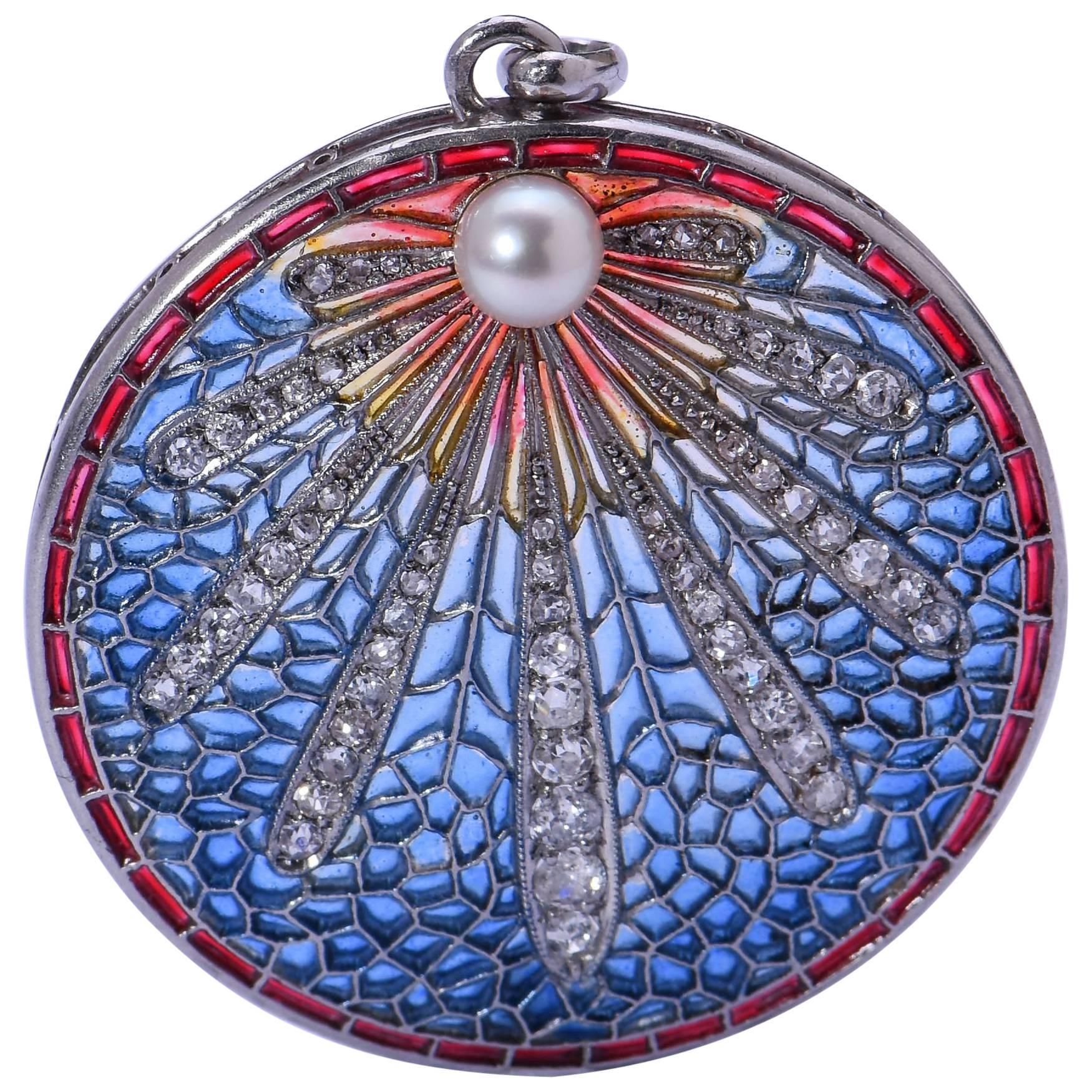 Art Nouveau Plique-à-Jour Enamel, Pearl and Diamond Platinum Pendant