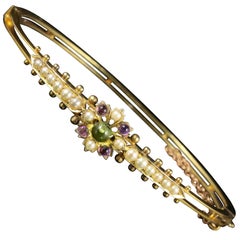 Antique Victorian Suffragette Bangle Amethyst Peridot Pearl 15 Carat Gold