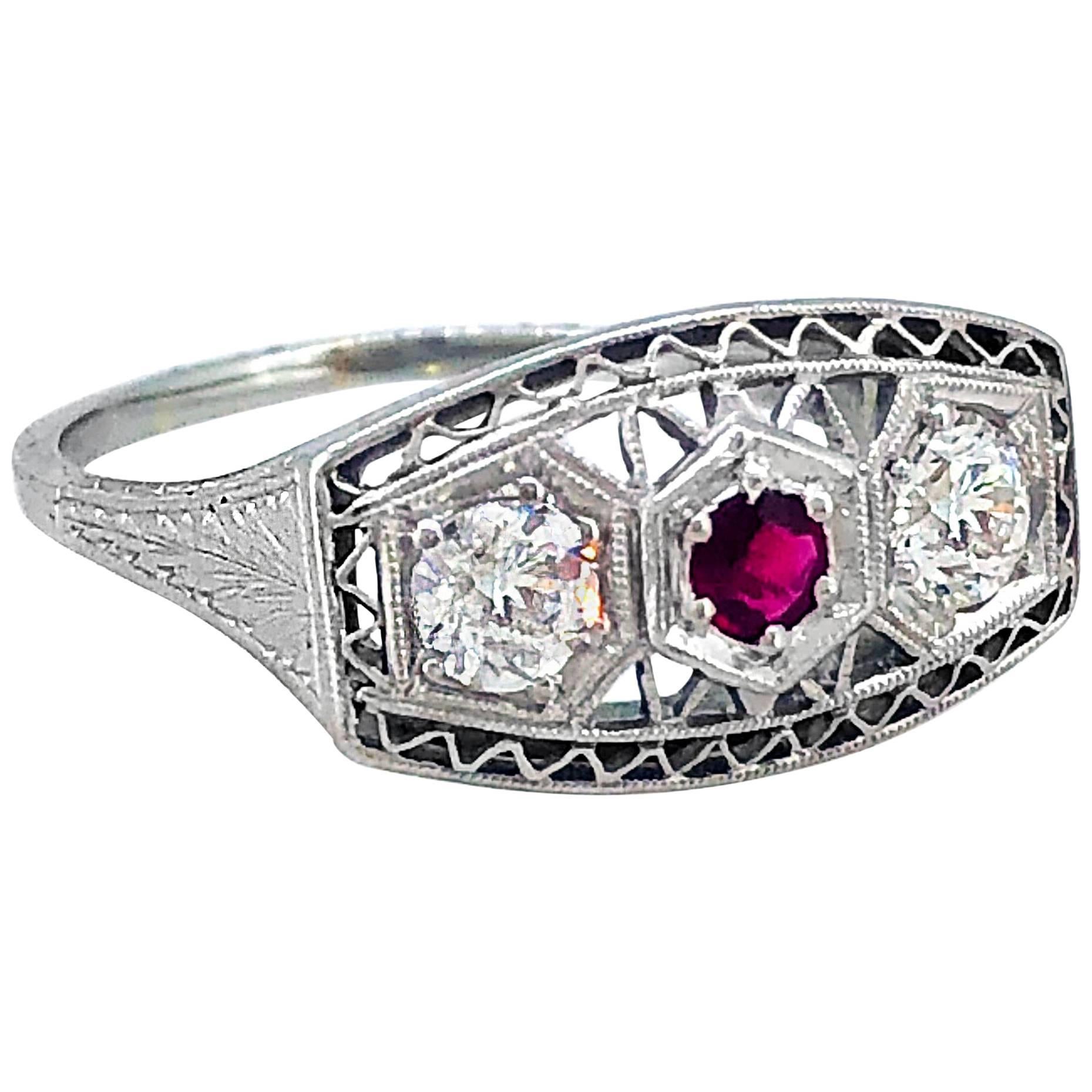 .50 Carat Diamond Ruby Antique Engagement Fashion Ring 18 Karat White Gold For Sale