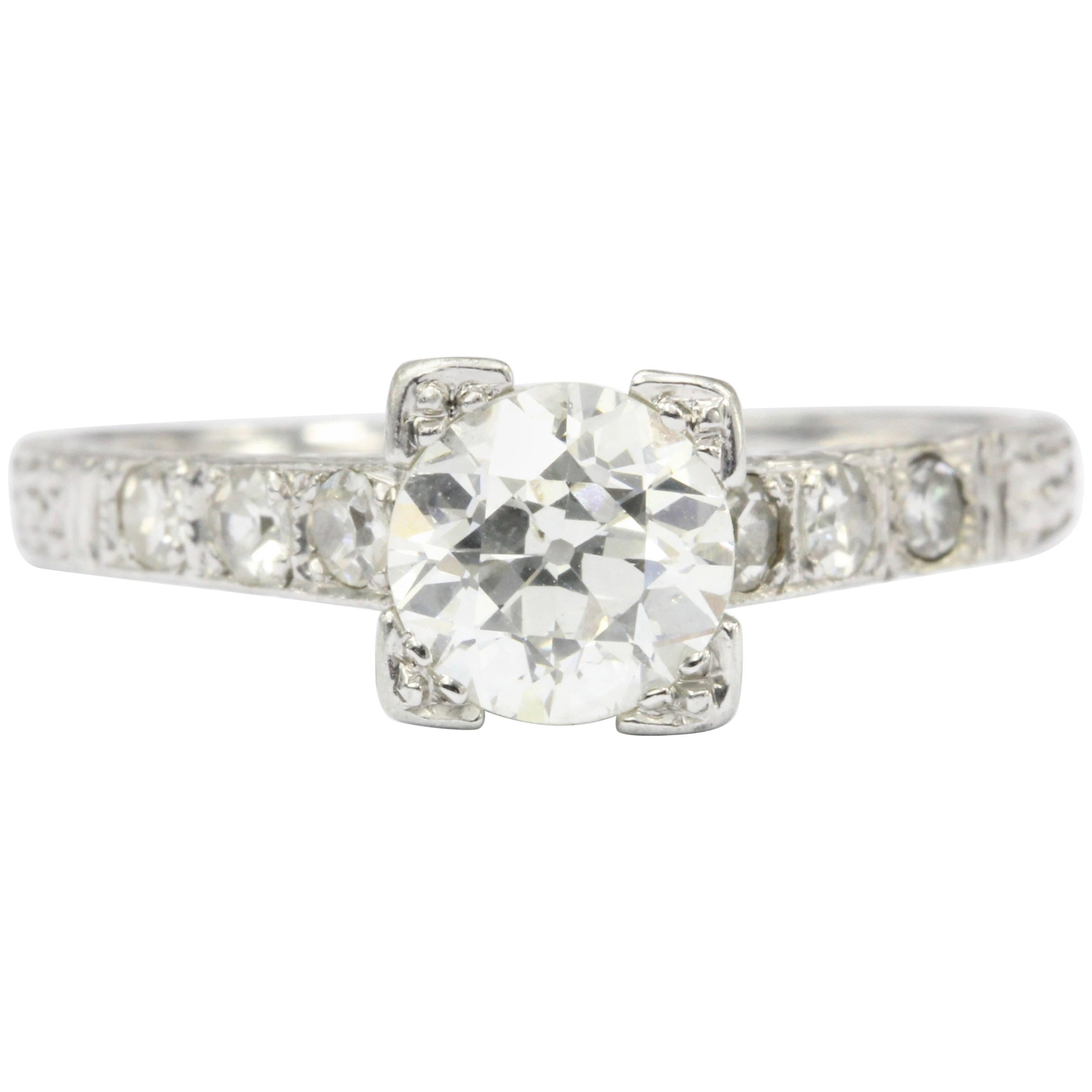 Art Deco Platinum Old European Cut .85 Carat Diamond Engagement Ring