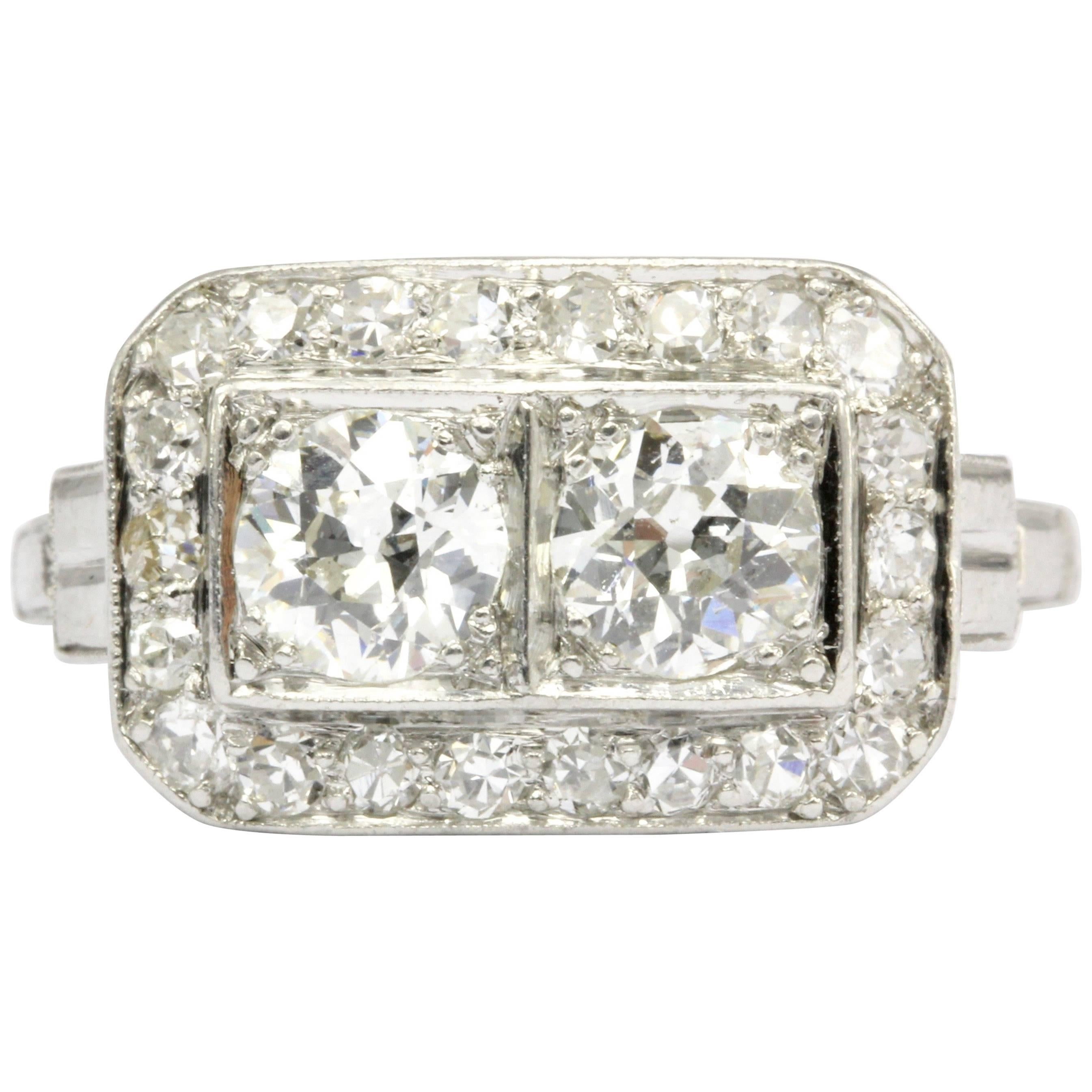 Art Deco Platinum Double Diamond Toi et Moi Ring