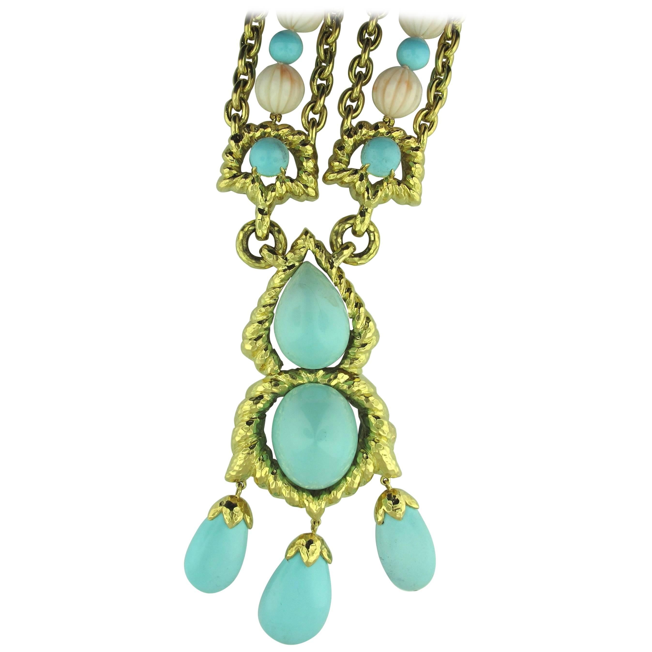 David Webb Coral Turquoise Diamond Gold Necklace