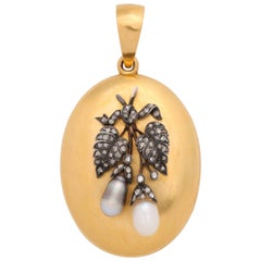 18 Karat Locket with Diamond and Pearl Leaf and Berry Design
