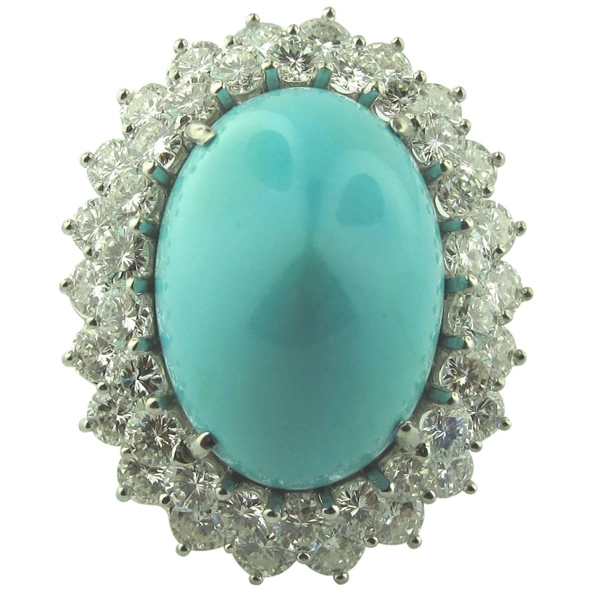  Sugarloaf Persian Turquoise Diamond 18 Karat White Gold Ring