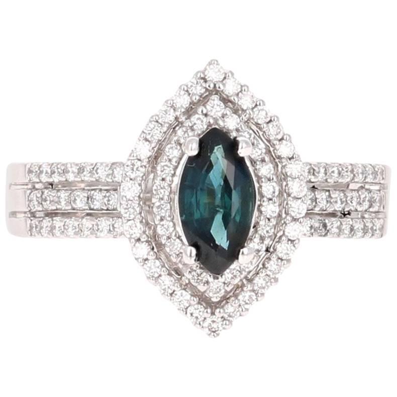 1.21 Carat Sapphire Halo Diamond 18K White Gold Cocktail Ring