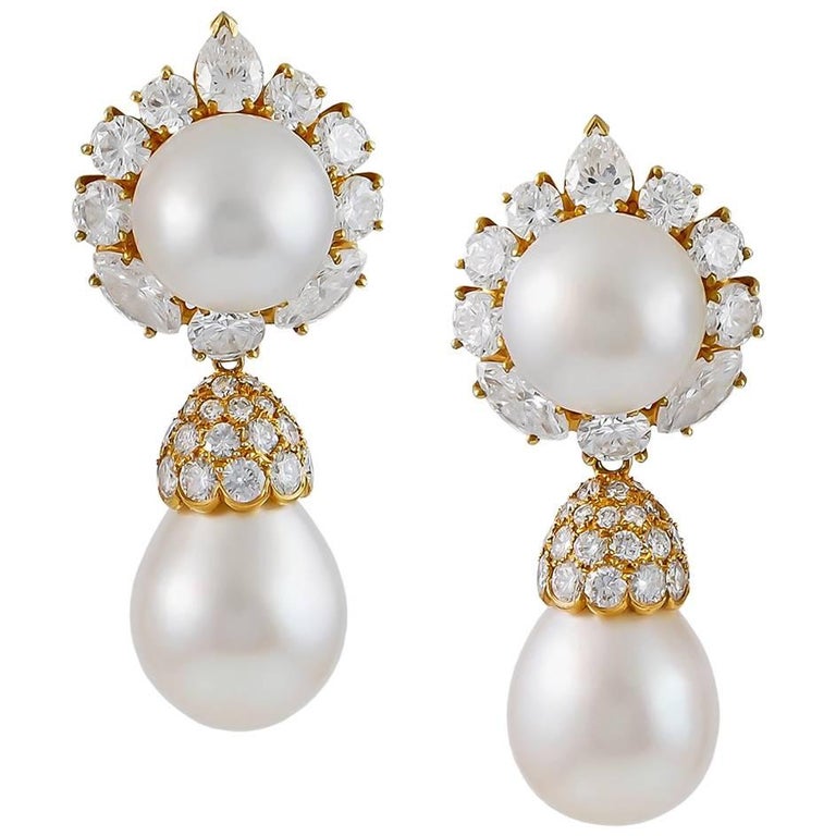 Van Cleef & Arpels Diamond and Pearl Ear Pendants For Sale